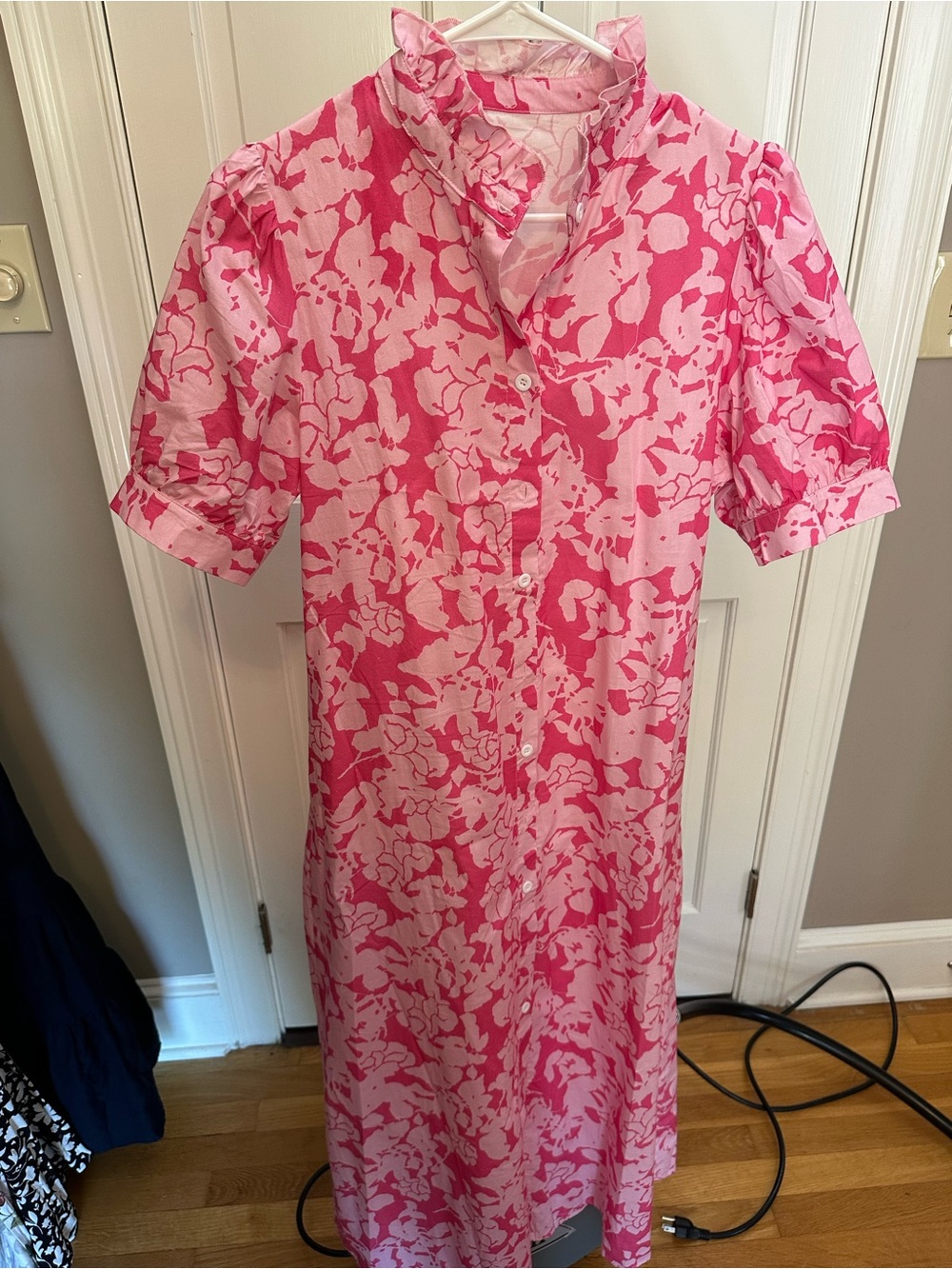 Pink Floral Button-Front Midi Dress